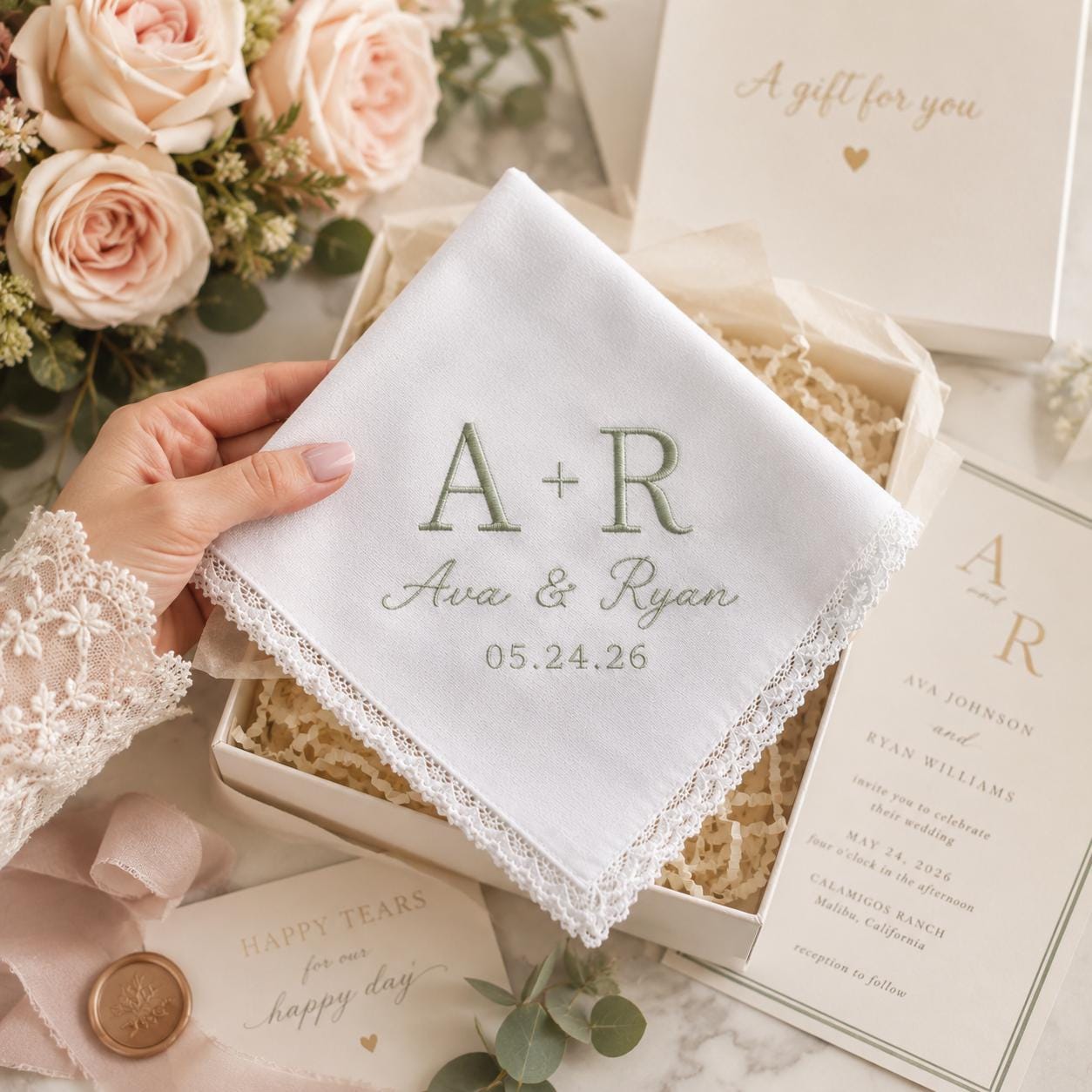 Handkerchief – Personalized Embroidered Wedding Hanky with Custom Initials Name Date Minimal Bridal Keepsake and Elegant Bride Gift - photo 9
