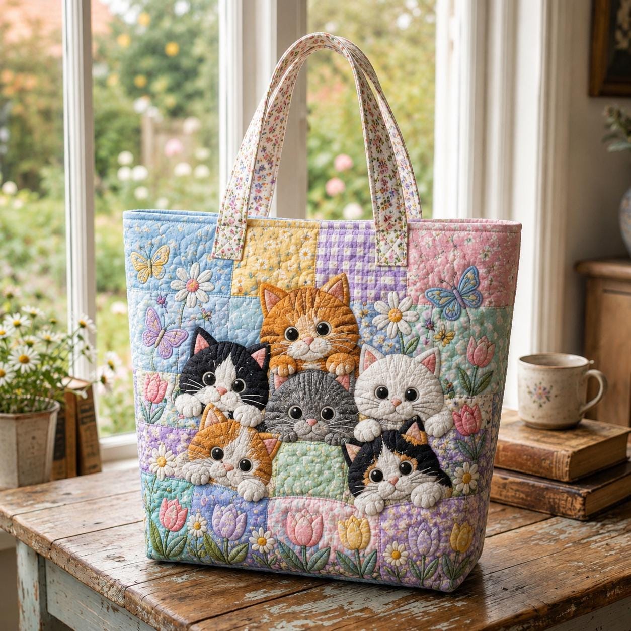 Cute Floral Kitten and Cat Tote Bag with Butterfly Garden Motif – Spring Cottagecore Quilted Style Shoulder Bag Market Gift for Cat Lover
