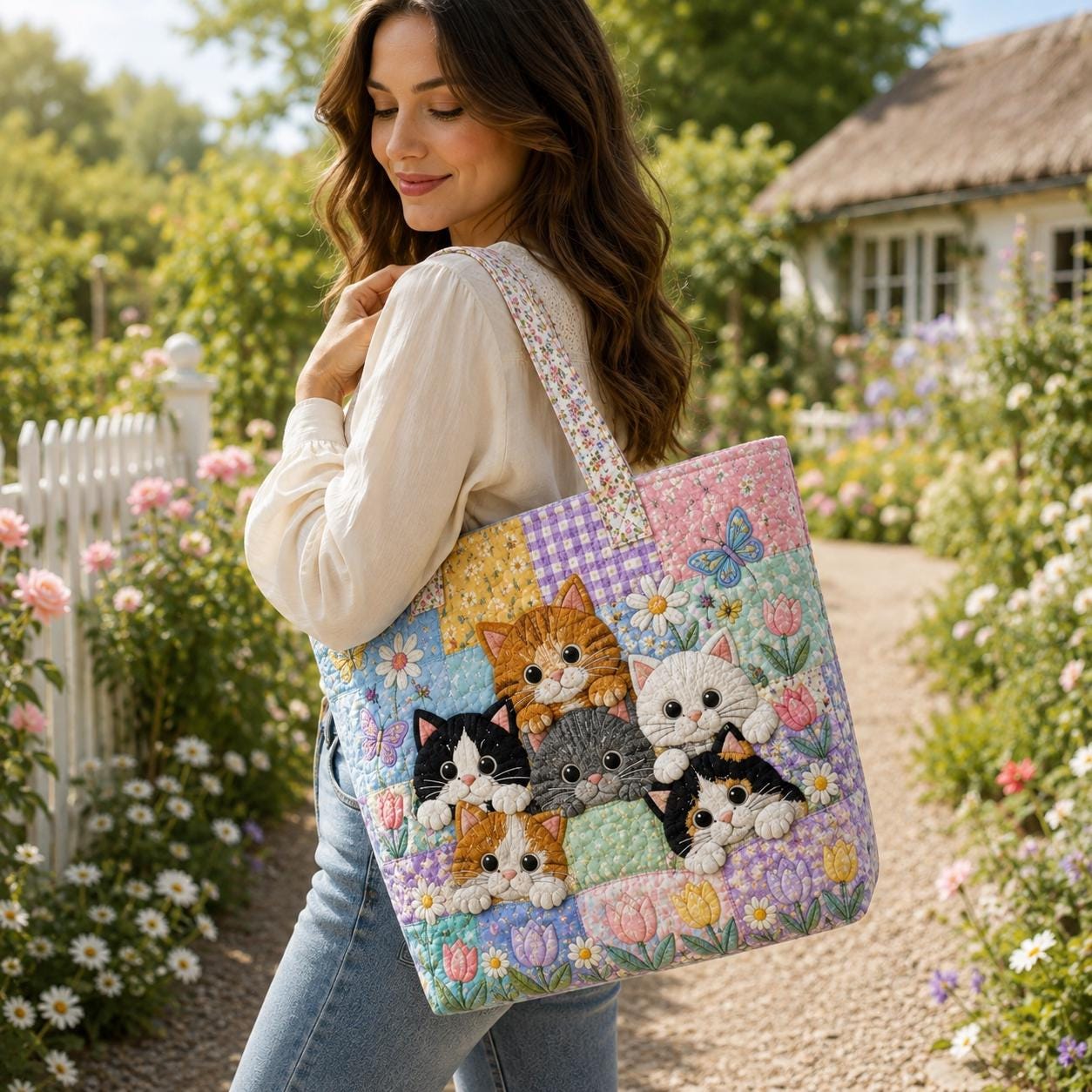 Cute Floral Kitten and Cat Tote Bag with Butterfly Garden Motif – Spring Cottagecore Quilted Style Shoulder Bag Market Gift for Cat Lover - photo 2