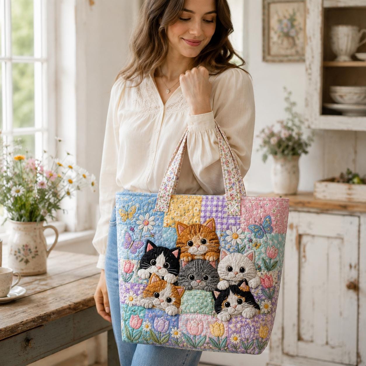 Cute Floral Kitten and Cat Tote Bag with Butterfly Garden Motif – Spring Cottagecore Quilted Style Shoulder Bag Market Gift for Cat Lover - photo 4