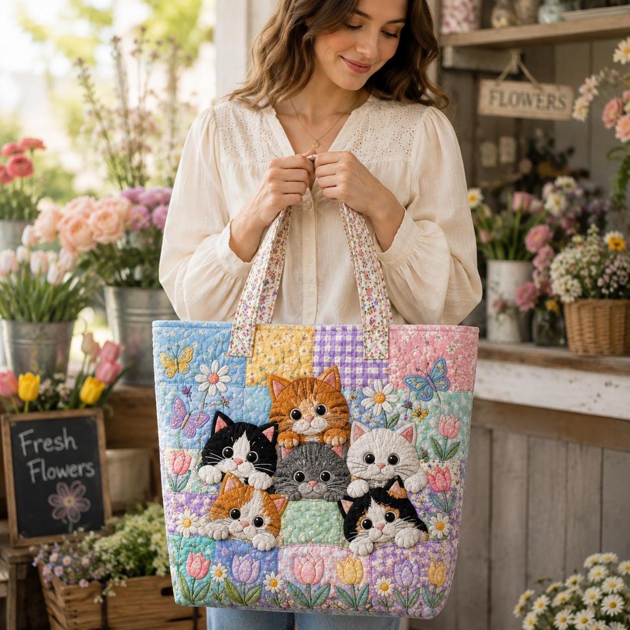 Cute Floral Kitten and Cat Tote Bag with Butterfly Garden Motif – Spring Cottagecore Quilted Style Shoulder Bag Market Gift for Cat Lover - photo 5