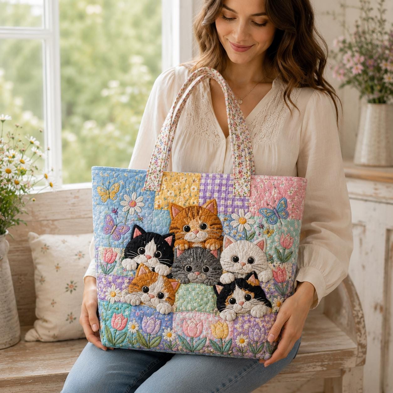 Cute Floral Kitten and Cat Tote Bag with Butterfly Garden Motif – Spring Cottagecore Quilted Style Shoulder Bag Market Gift for Cat Lover - photo 6