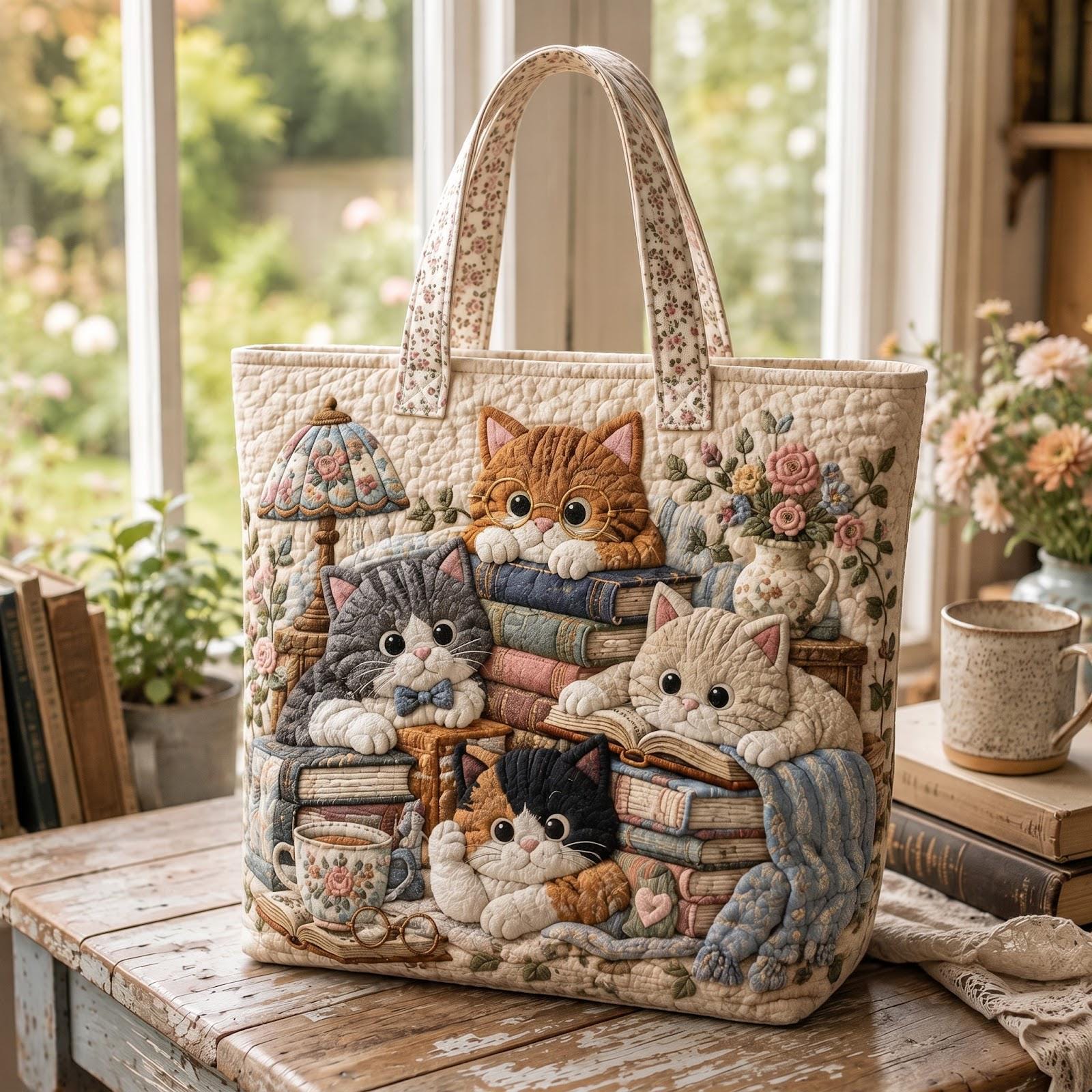 Tote Bag – Quilted Style Cat Book Lover Shoulder Bag with Cats and Books Tote and Animal Cozy Reading Gift