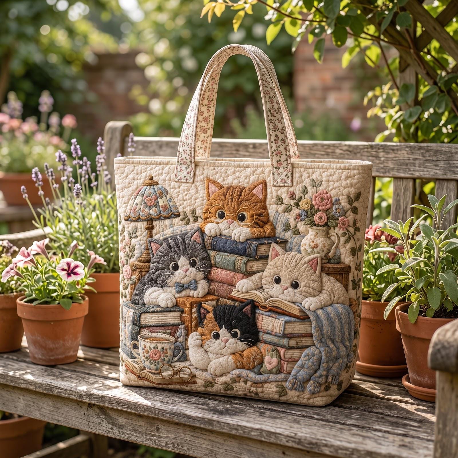Tote Bag – Quilted Style Cat Book Lover Shoulder Bag with Cats and Books Tote and Animal Cozy Reading Gift - photo 4