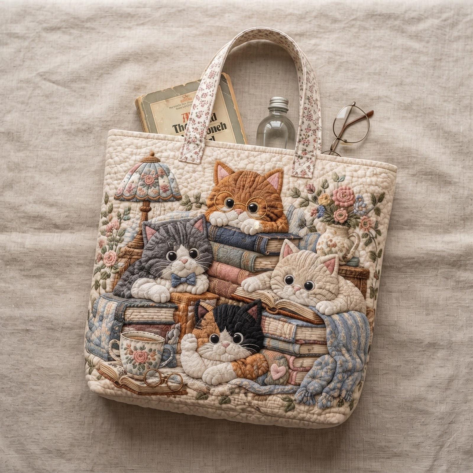 Tote Bag – Quilted Style Cat Book Lover Shoulder Bag with Cats and Books Tote and Animal Cozy Reading Gift - photo 5