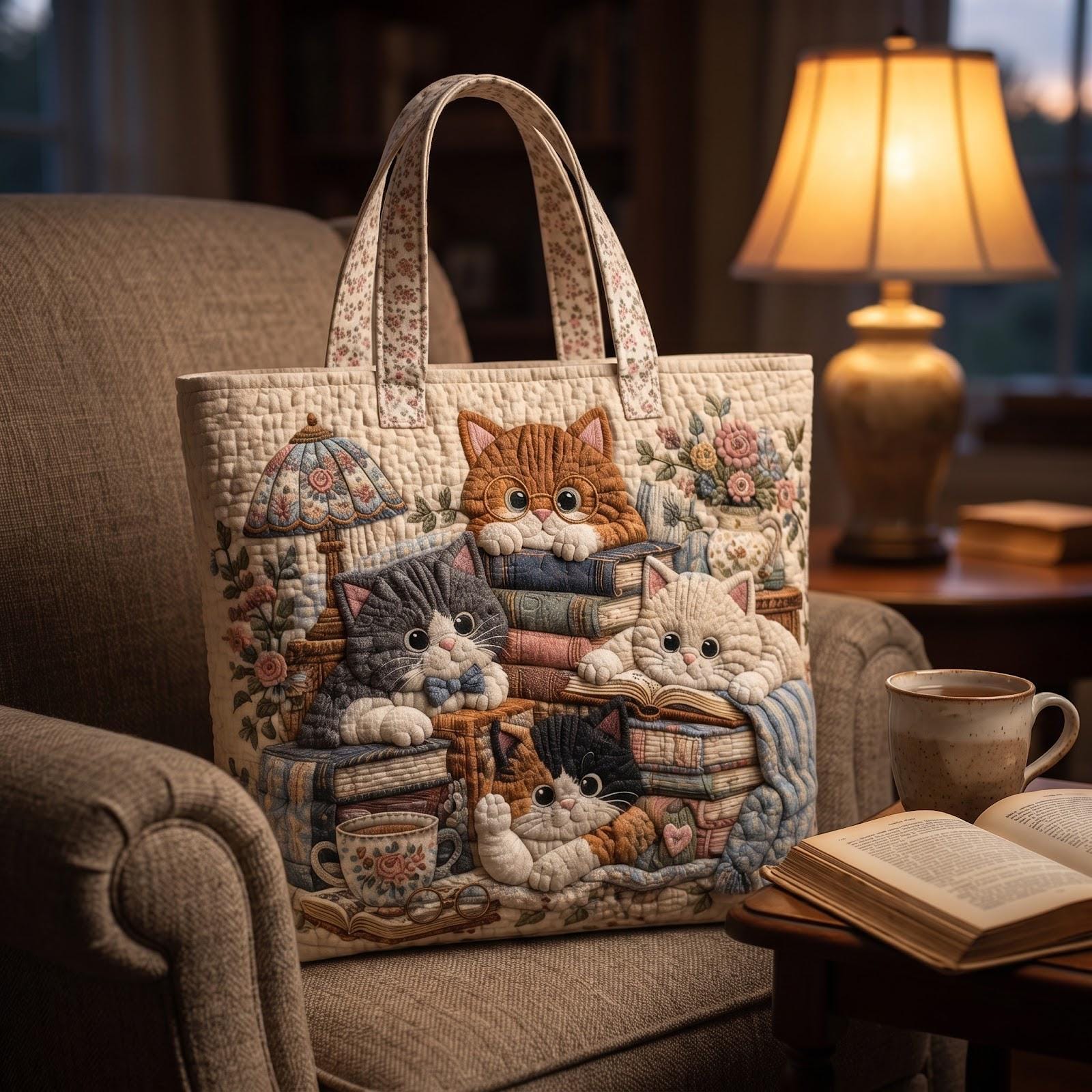 Tote Bag – Quilted Style Cat Book Lover Shoulder Bag with Cats and Books Tote and Animal Cozy Reading Gift - photo 6