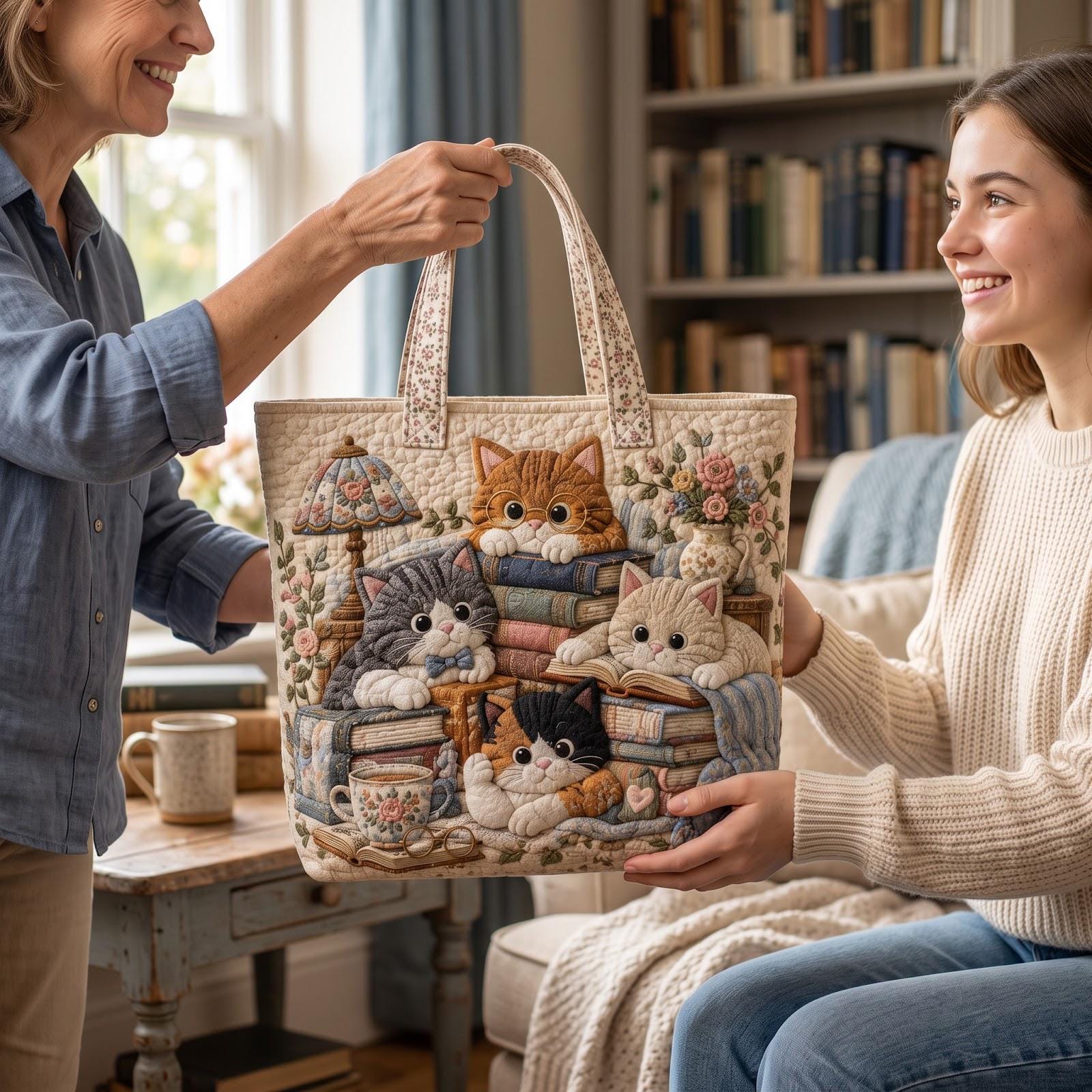 Tote Bag – Quilted Style Cat Book Lover Shoulder Bag with Cats and Books Tote and Animal Cozy Reading Gift - photo 7