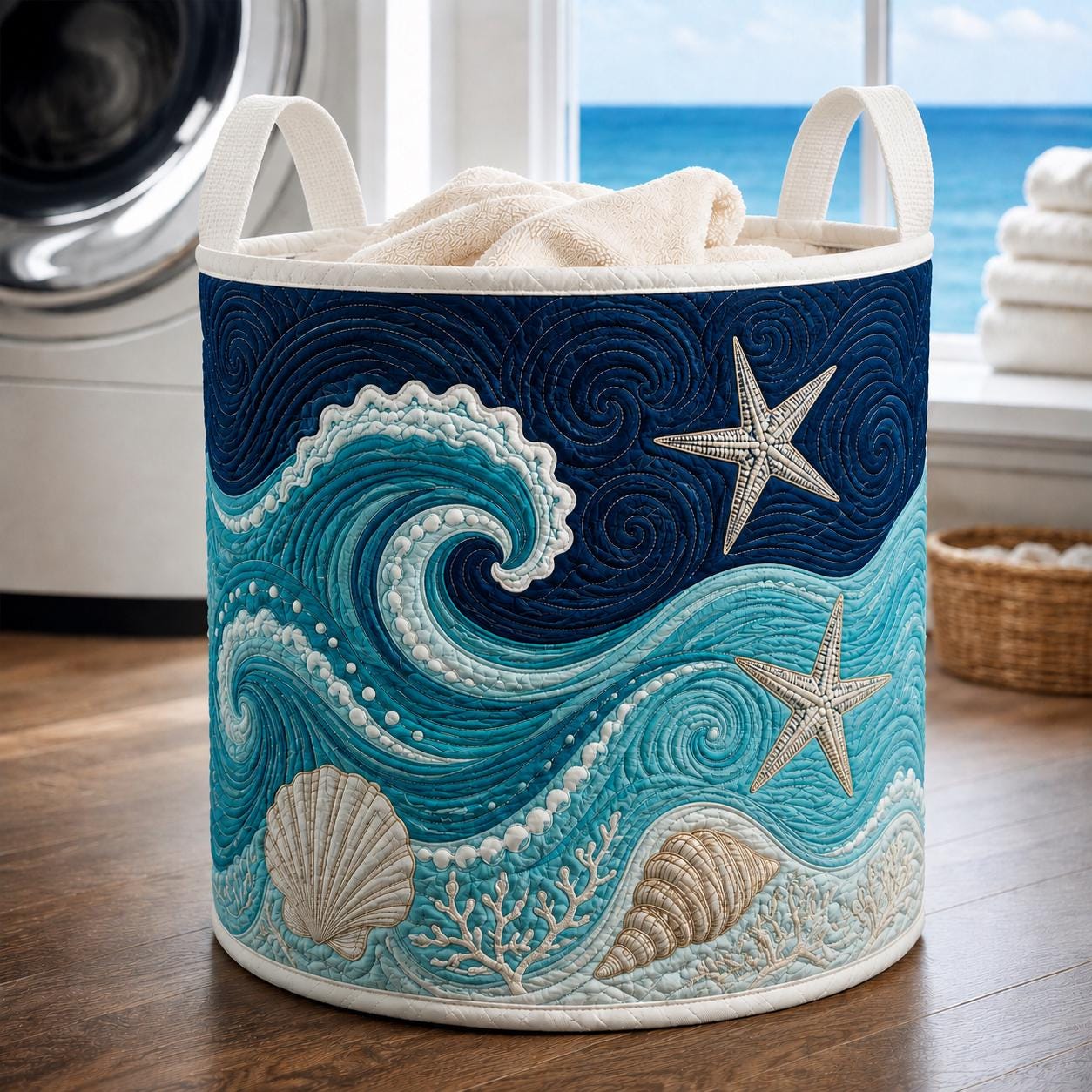 Coastal Ocean Wave Laundry Hamper and Clothes Bin with Seashell Starfish Motif – Quilt Style Storage Basket for Beach House Bathroom Decor