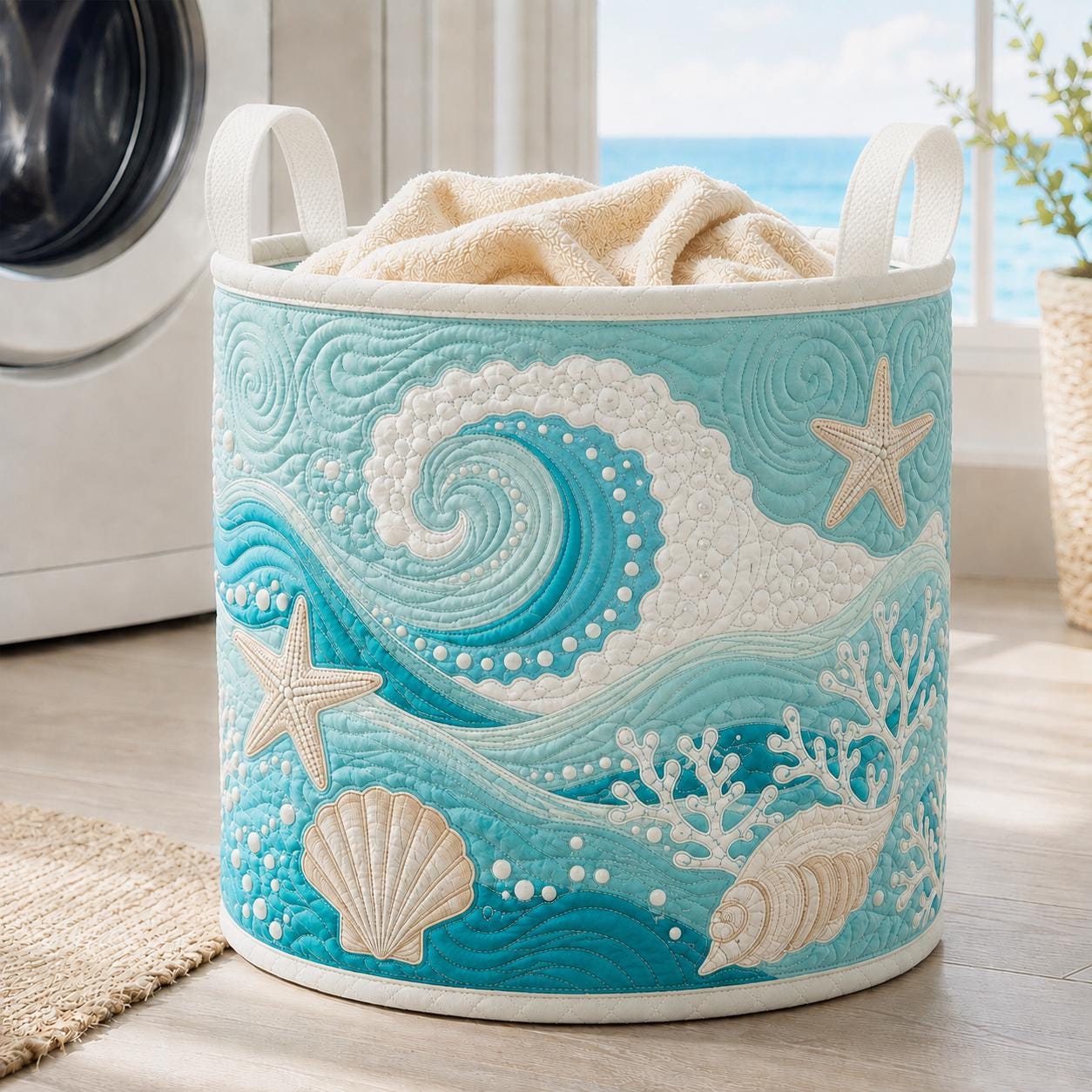 Coastal Ocean Wave Laundry Hamper and Clothes Bin with Seashell Starfish Motif – Quilt Style Storage Basket for Beach House Bathroom Decor - photo 2