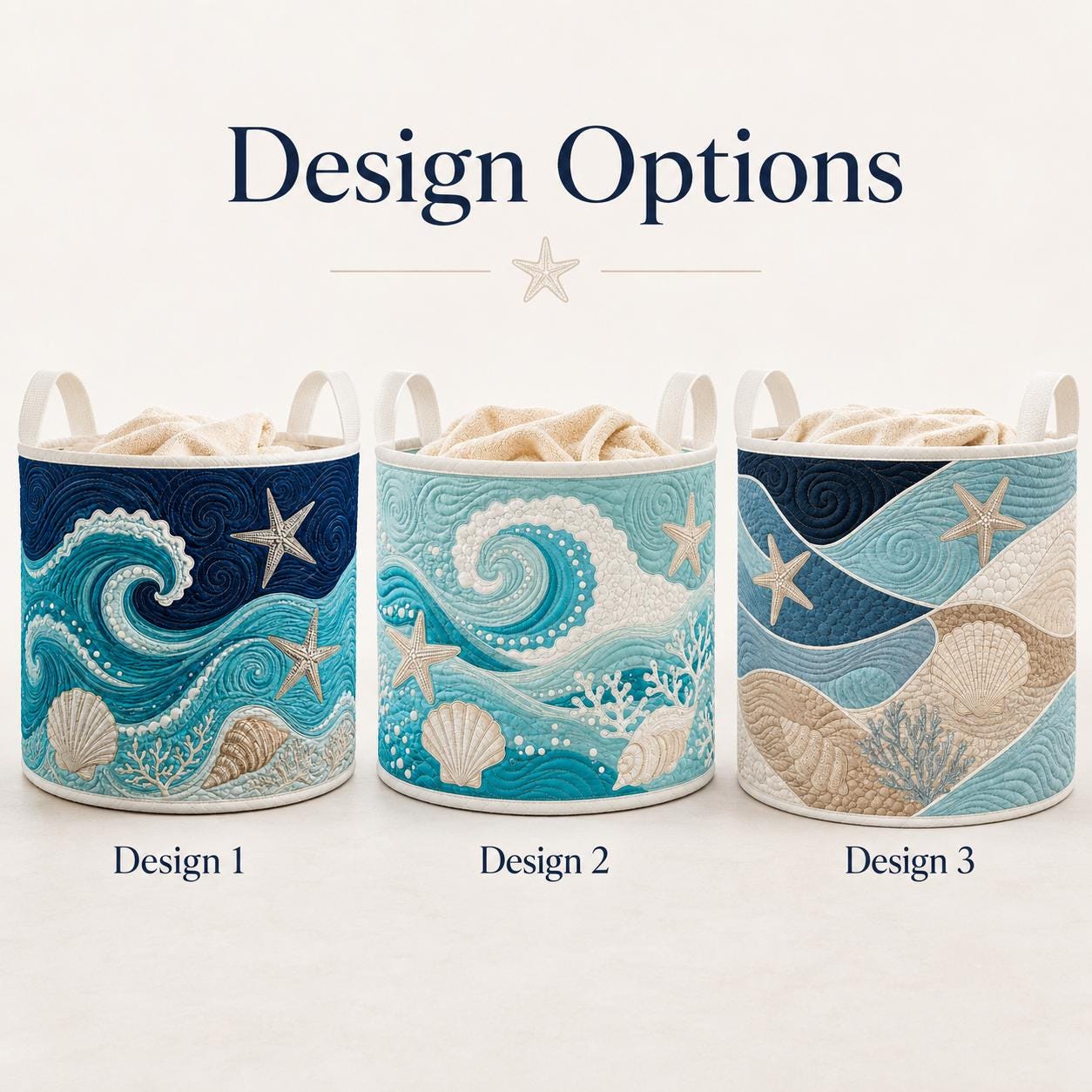 Coastal Ocean Wave Laundry Hamper and Clothes Bin with Seashell Starfish Motif – Quilt Style Storage Basket for Beach House Bathroom Decor - photo 3