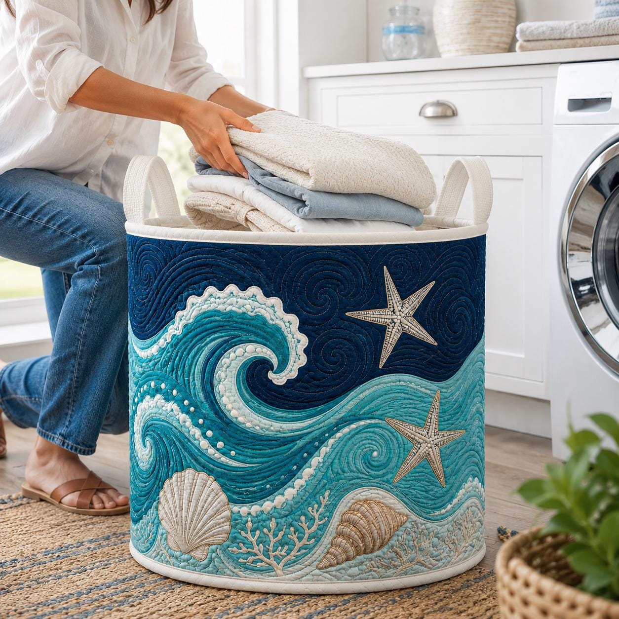 Coastal Ocean Wave Laundry Hamper and Clothes Bin with Seashell Starfish Motif – Quilt Style Storage Basket for Beach House Bathroom Decor - photo 5