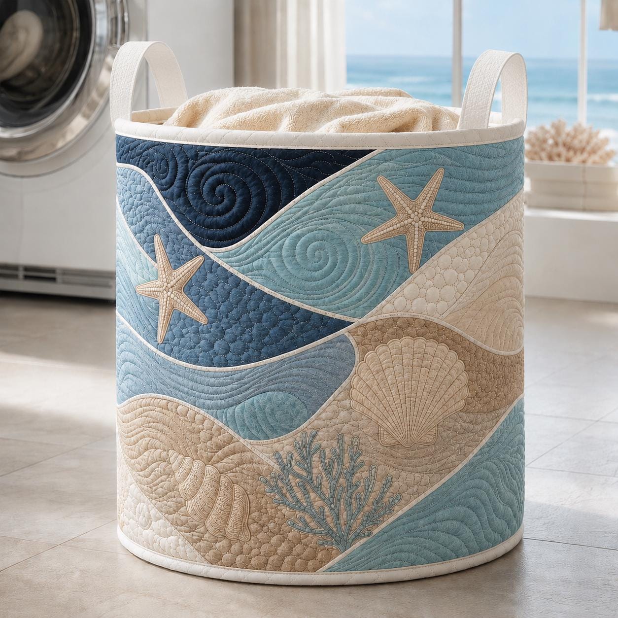 Coastal Ocean Wave Laundry Hamper and Clothes Bin with Seashell Starfish Motif – Quilt Style Storage Basket for Beach House Bathroom Decor - photo 6