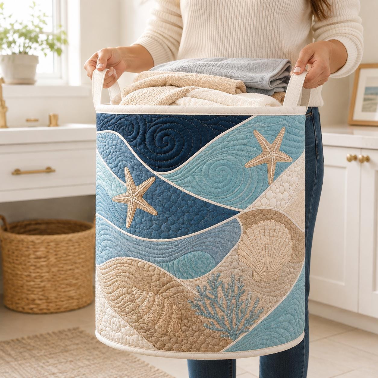 Coastal Ocean Wave Laundry Hamper and Clothes Bin with Seashell Starfish Motif – Quilt Style Storage Basket for Beach House Bathroom Decor - photo 7