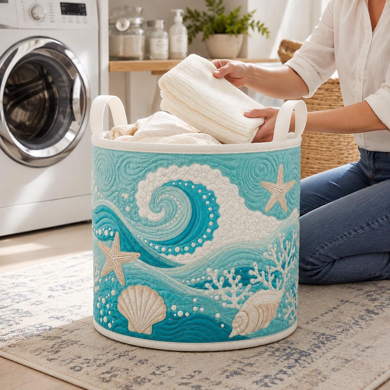 Coastal Ocean Wave Laundry Hamper and Clothes Bin with Seashell Starfish Motif – Quilt Style Storage Basket for Beach House Bathroom Decor - photo 8
