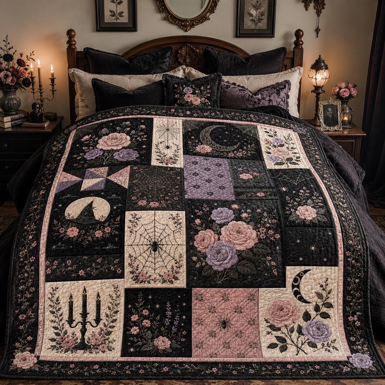Pink Black Gothic Rose and Floral Moon Spider Web Throw Blanket – Quilted Style Pastel Goth Halloween Gift for Bedroom Decor - photo 1
