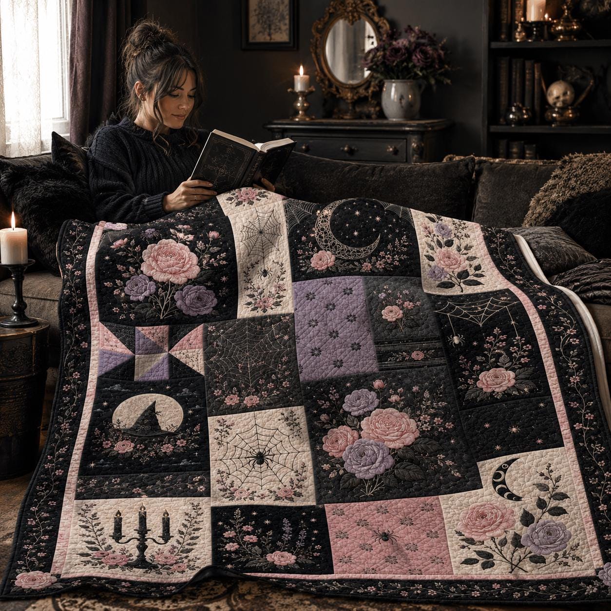 Pink Black Gothic Rose and Floral Moon Spider Web Throw Blanket – Quilted Style Pastel Goth Halloween Gift for Bedroom Decor - photo 2