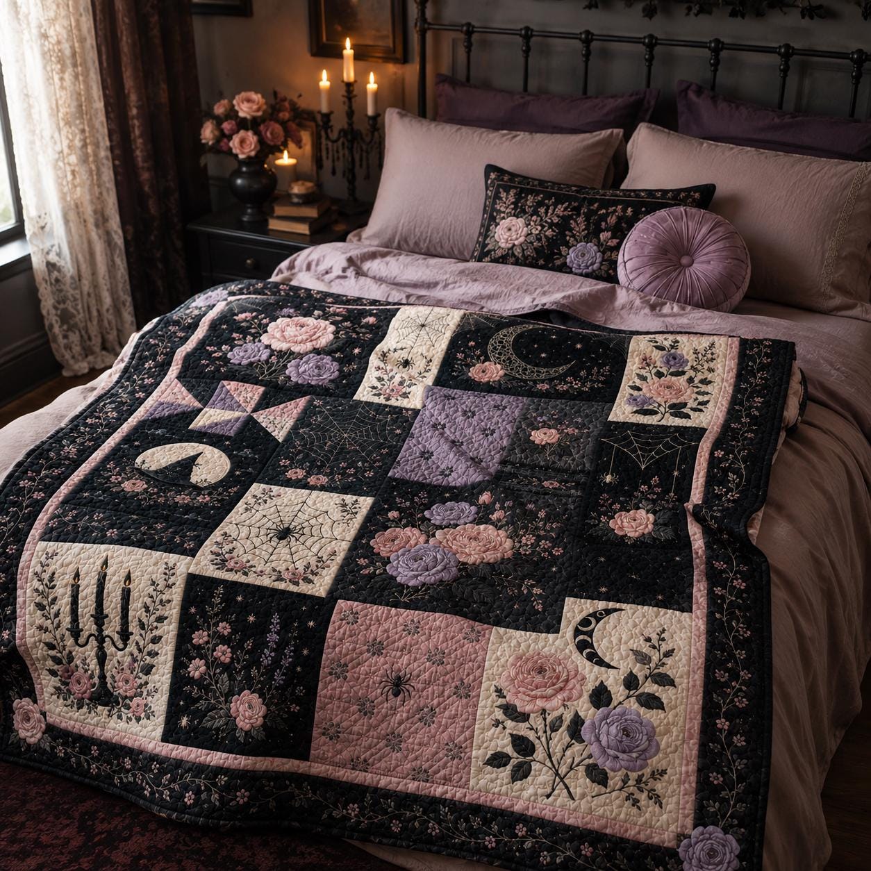 Pink Black Gothic Rose and Floral Moon Spider Web Throw Blanket – Quilted Style Pastel Goth Halloween Gift for Bedroom Decor - photo 5