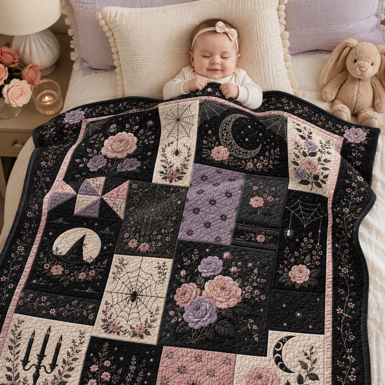 Pink Black Gothic Rose and Floral Moon Spider Web Throw Blanket – Quilted Style Pastel Goth Halloween Gift for Bedroom Decor - photo 6