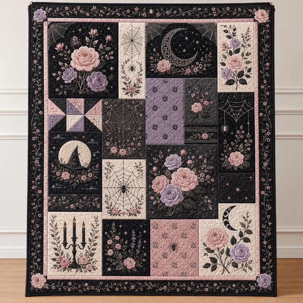 Pink Black Gothic Rose and Floral Moon Spider Web Throw Blanket – Quilted Style Pastel Goth Halloween Gift for Bedroom Decor - photo 7