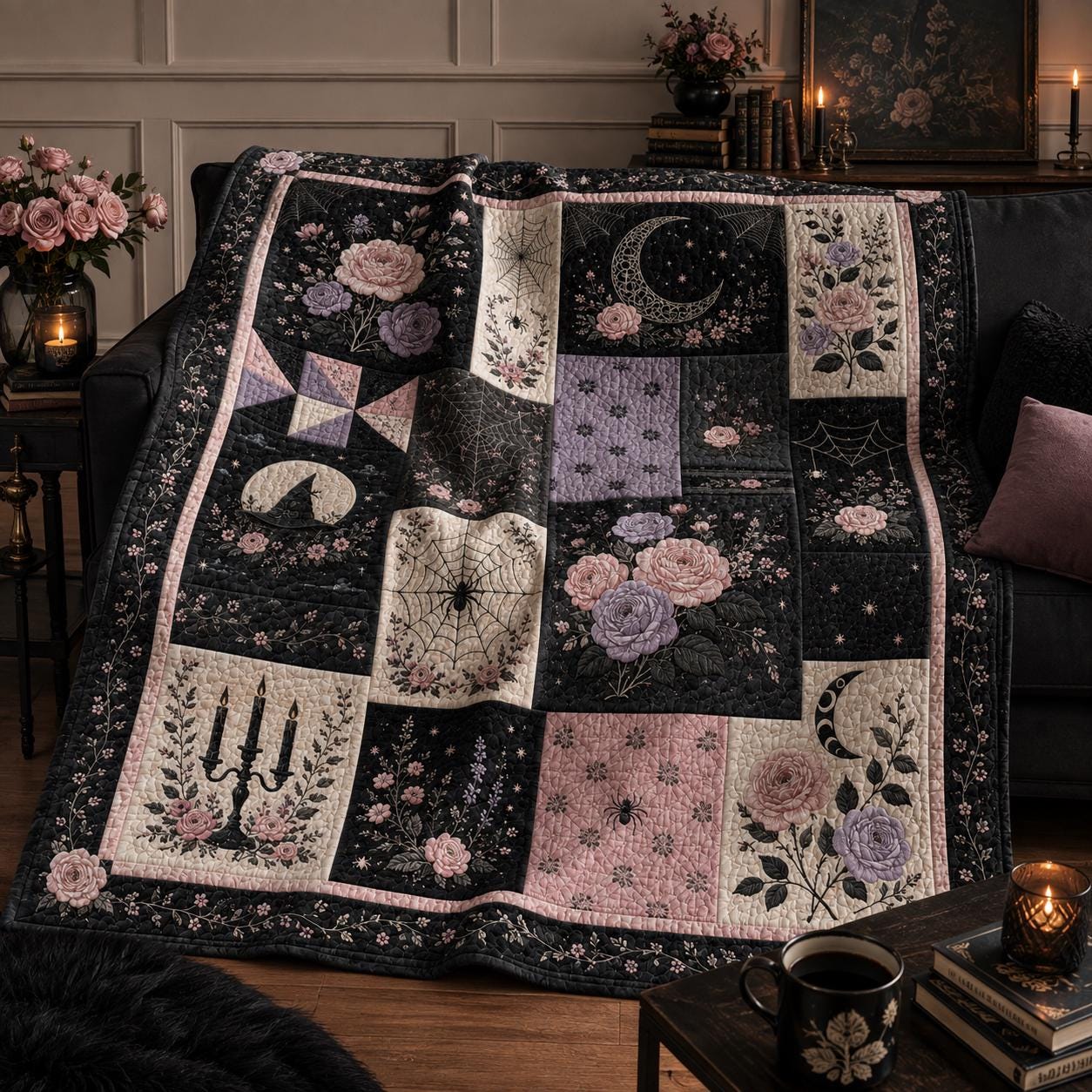 Pink Black Gothic Rose and Floral Moon Spider Web Throw Blanket – Quilted Style Pastel Goth Halloween Gift for Bedroom Decor - photo 8