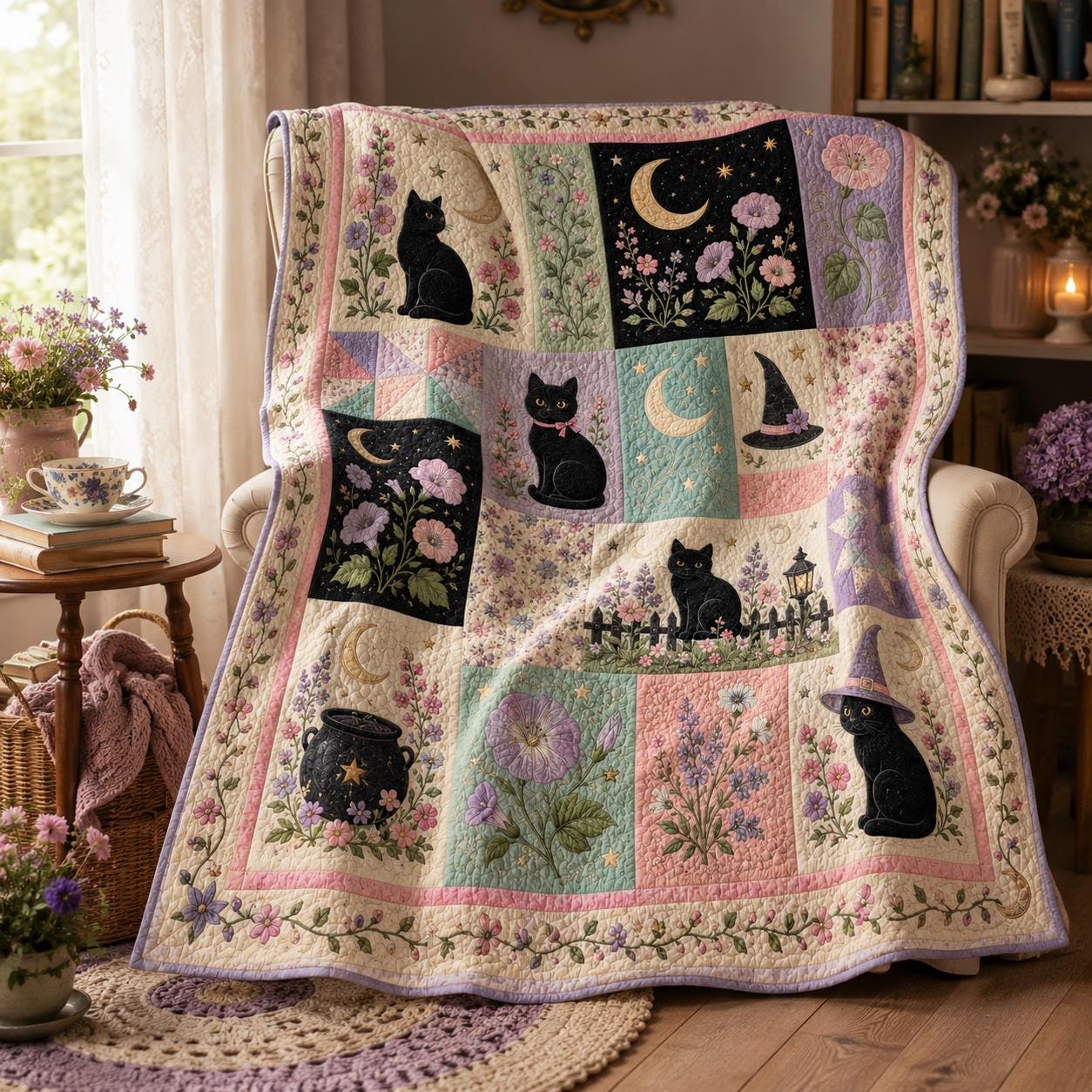 Cute Pastel Witchy Black Cat Halloween Throw Blanket with Floral Moon Garden Motif – Quilted Style Spooky Gift for Bedroom Decor