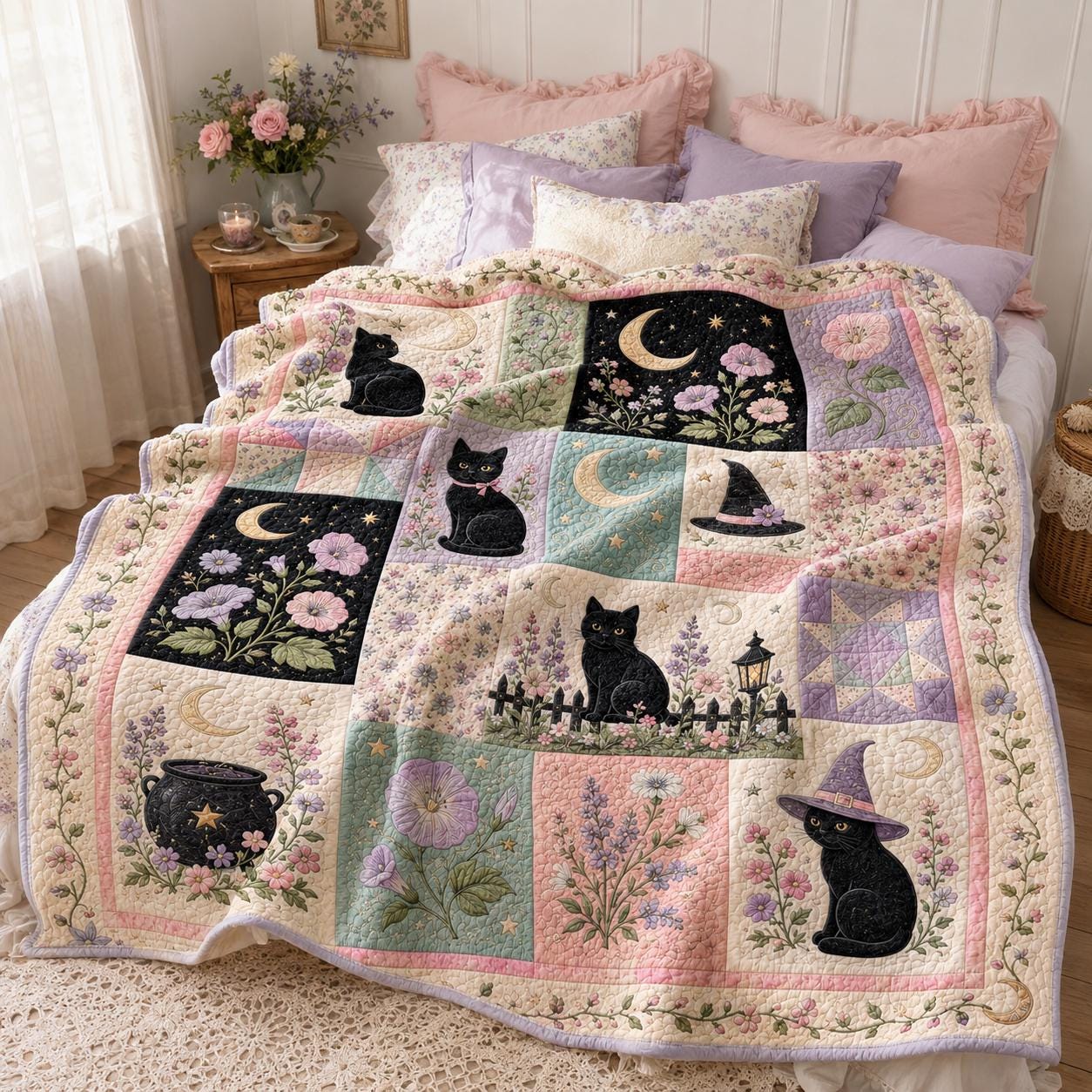 Cute Pastel Witchy Black Cat Halloween Throw Blanket with Floral Moon Garden Motif – Quilted Style Spooky Gift for Bedroom Decor - photo 2