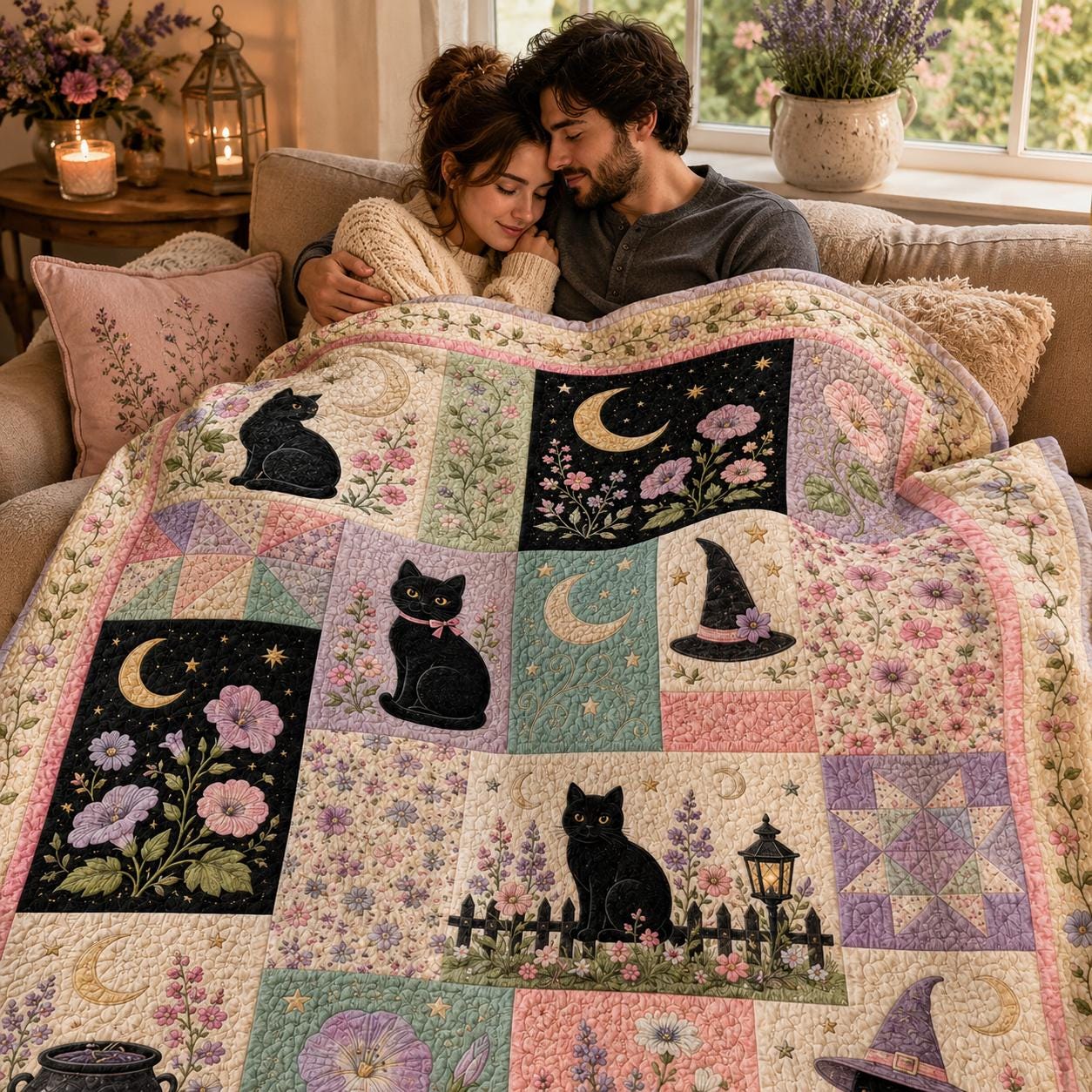Cute Pastel Witchy Black Cat Halloween Throw Blanket with Floral Moon Garden Motif – Quilted Style Spooky Gift for Bedroom Decor - photo 5