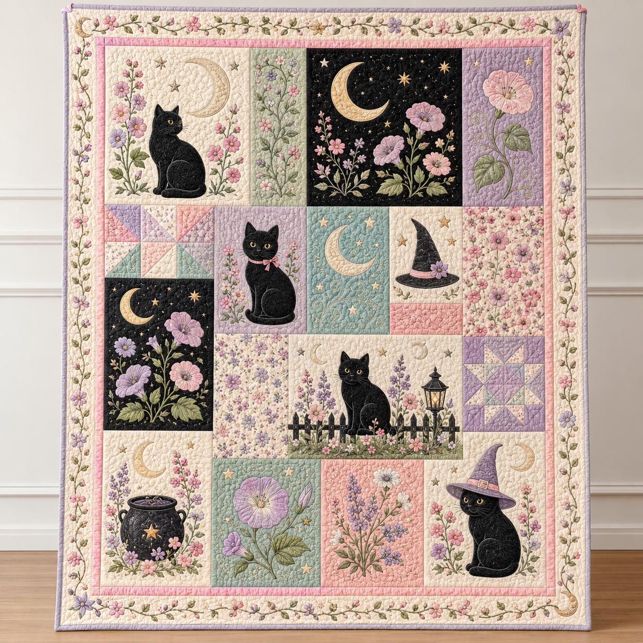 Cute Pastel Witchy Black Cat Halloween Throw Blanket with Floral Moon Garden Motif – Quilted Style Spooky Gift for Bedroom Decor - photo 6