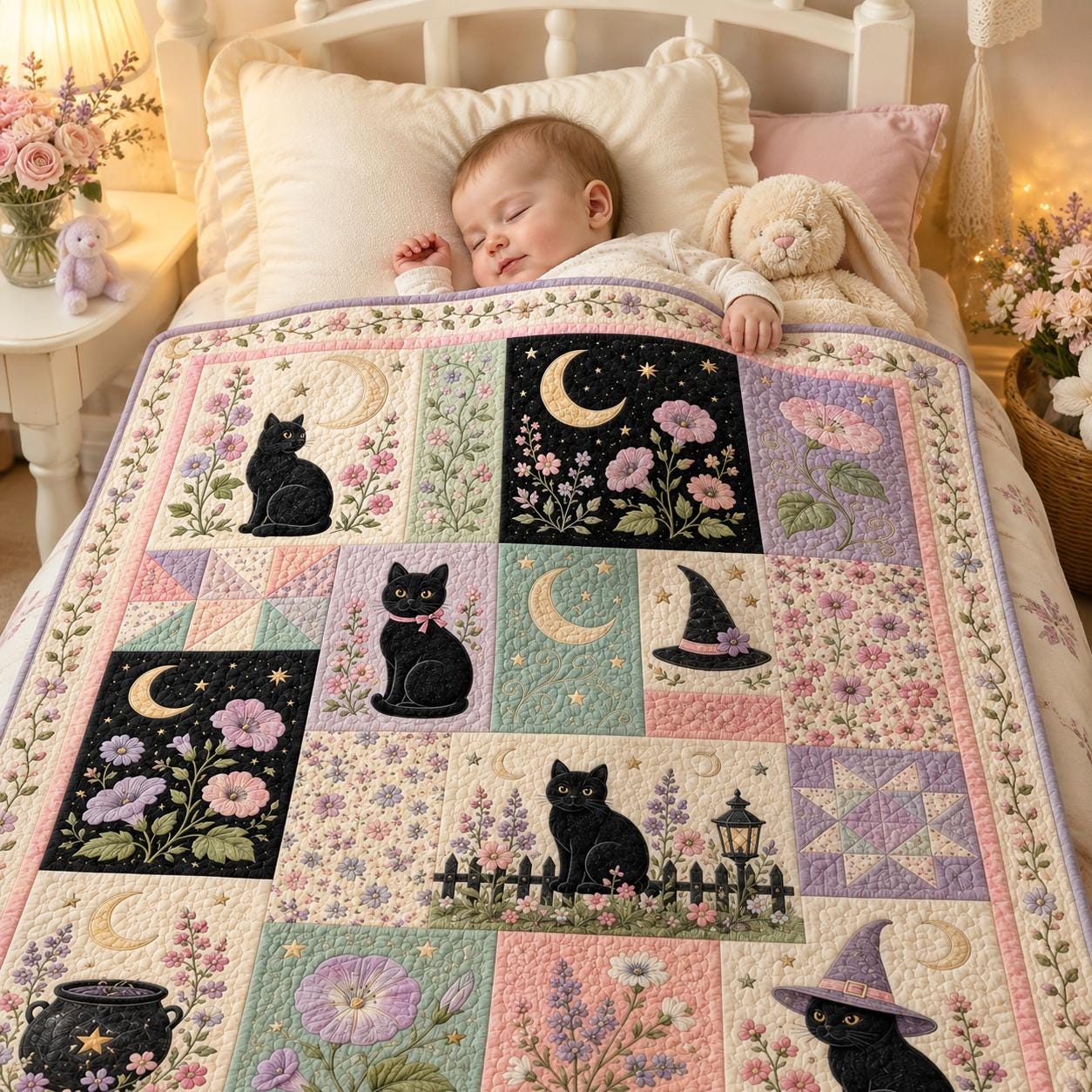 Cute Pastel Witchy Black Cat Halloween Throw Blanket with Floral Moon Garden Motif – Quilted Style Spooky Gift for Bedroom Decor - photo 7