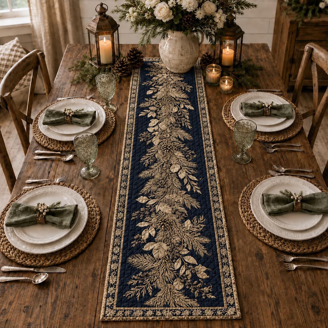 Botanical Christmas Table Runner with Evergreen Pinecone Holiday Table Decor, Winter Runner, and Quilt Style Elegant Christmas Dining