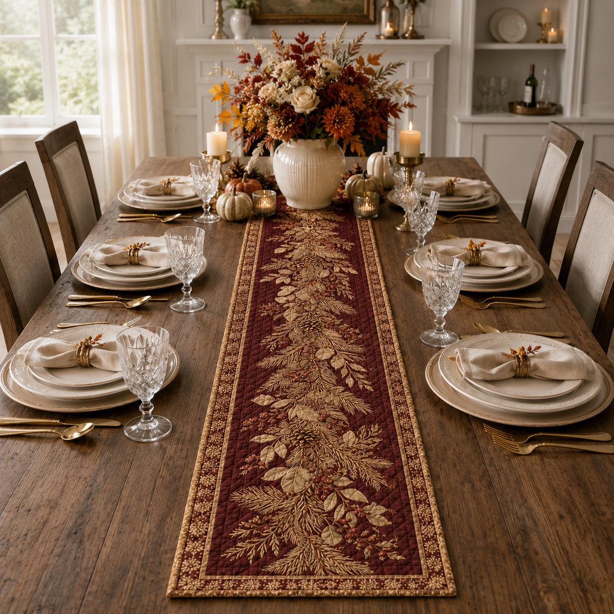 Botanical Christmas Table Runner with Evergreen Pinecone Holiday Table Decor, Winter Runner, and Quilt Style Elegant Christmas Dining - photo 2