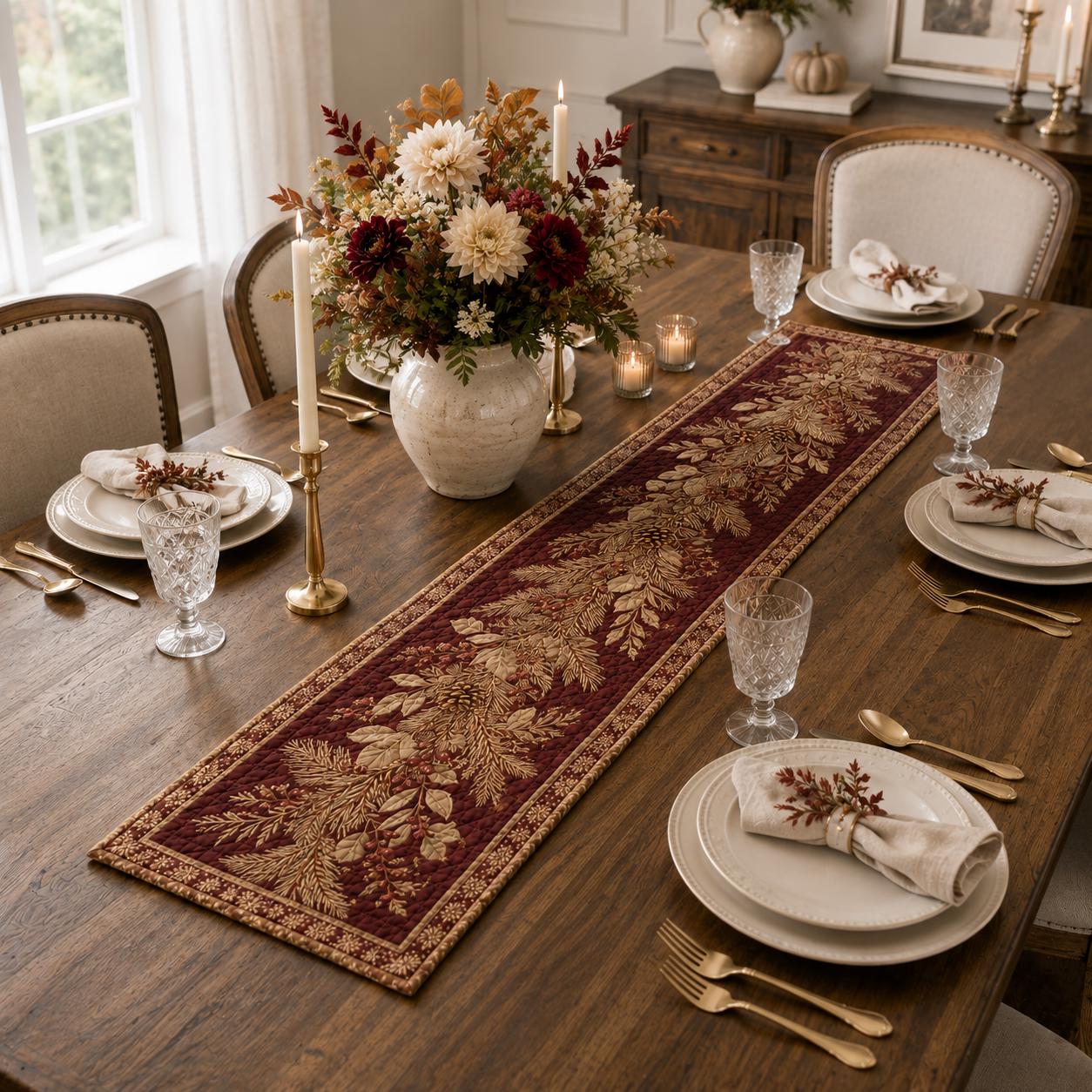 Botanical Christmas Table Runner with Evergreen Pinecone Holiday Table Decor, Winter Runner, and Quilt Style Elegant Christmas Dining - photo 5