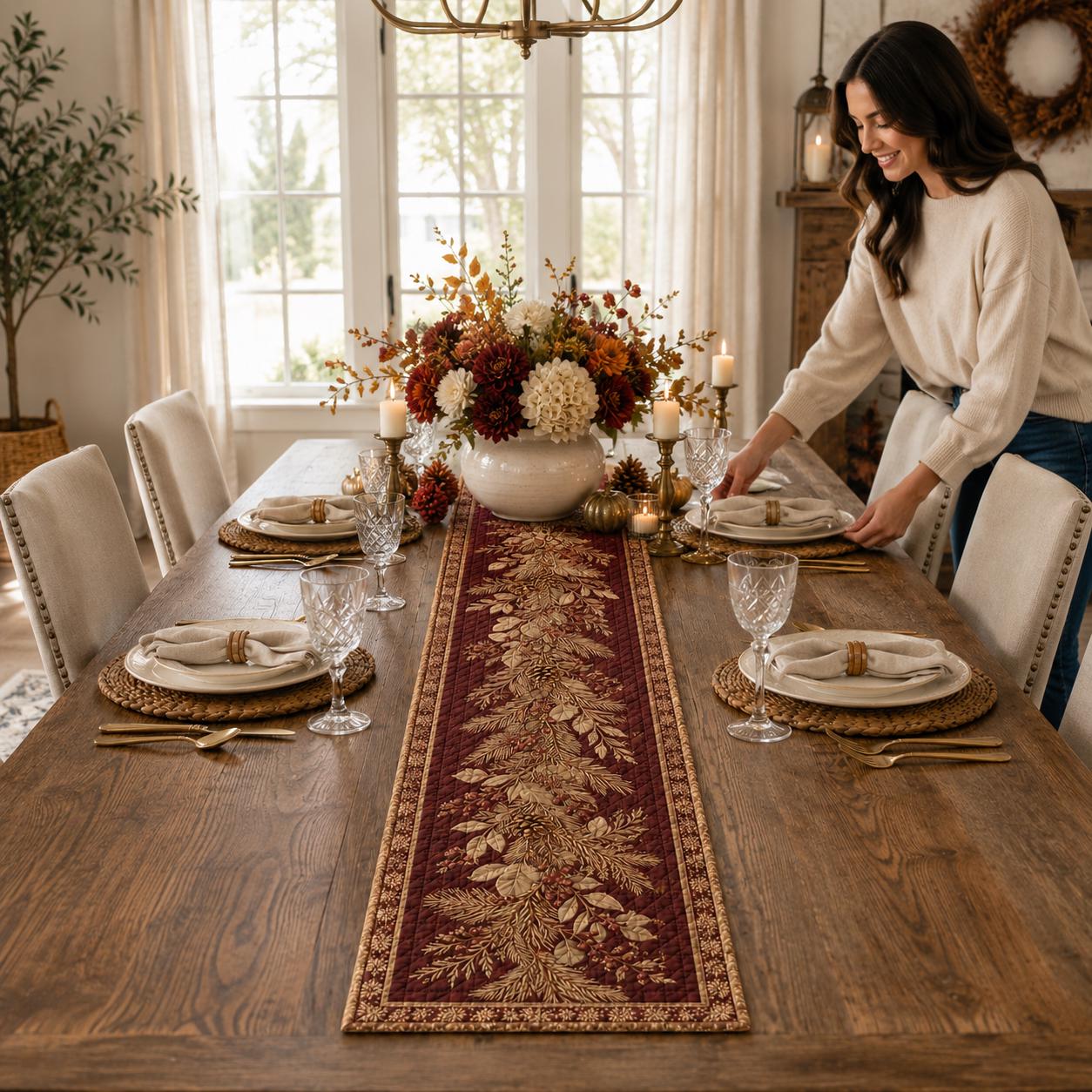 Botanical Christmas Table Runner with Evergreen Pinecone Holiday Table Decor, Winter Runner, and Quilt Style Elegant Christmas Dining - photo 6