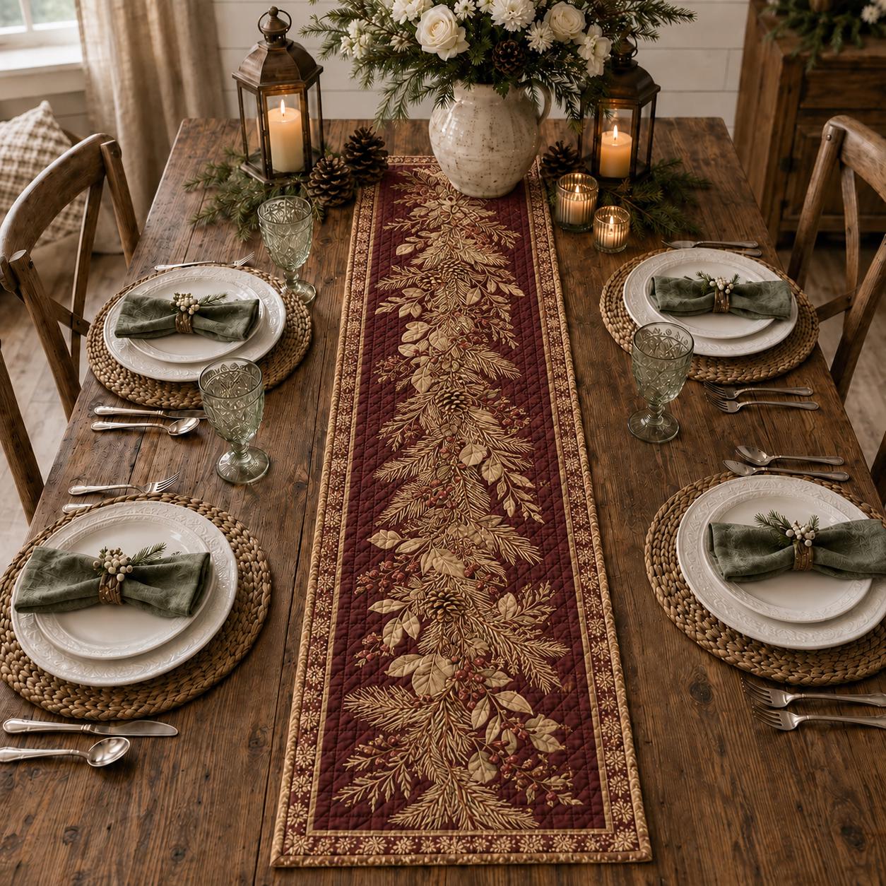 Botanical Christmas Table Runner with Evergreen Pinecone Holiday Table Decor, Winter Runner, and Quilt Style Elegant Christmas Dining - photo 7