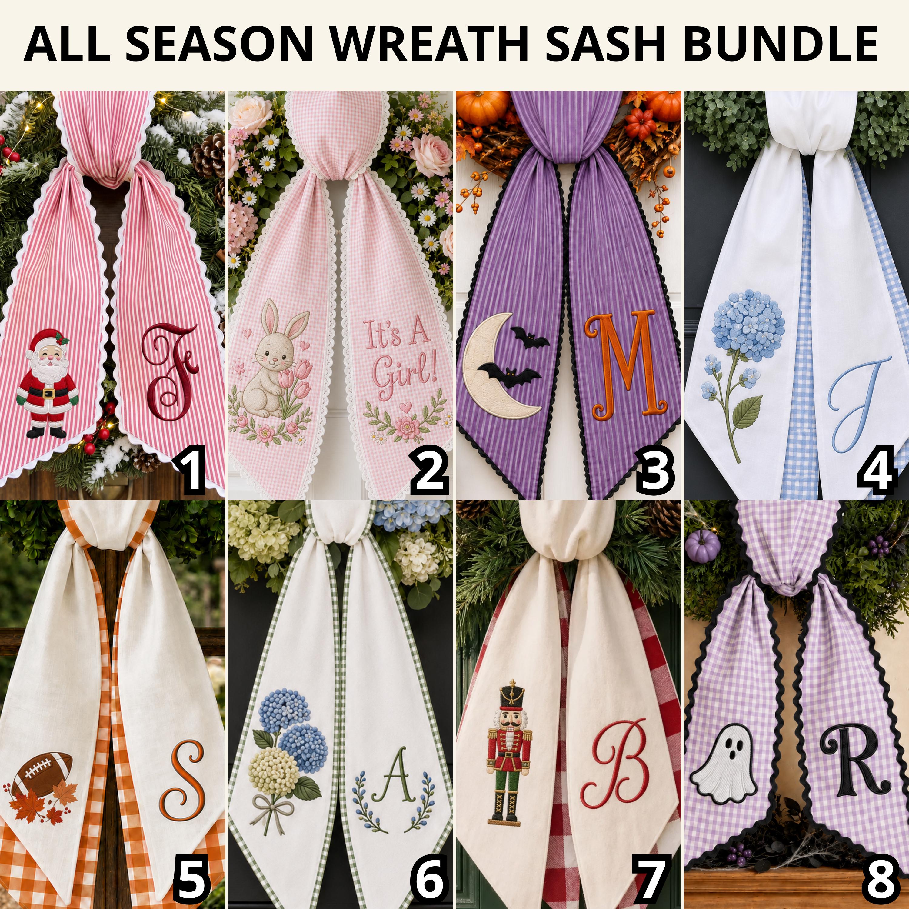 Custom All-Season Monogram Bow Wreath Sash Bundle for Choose 4 or 8 Set with Personalized Floral Pumpkin Halloween Door Decor