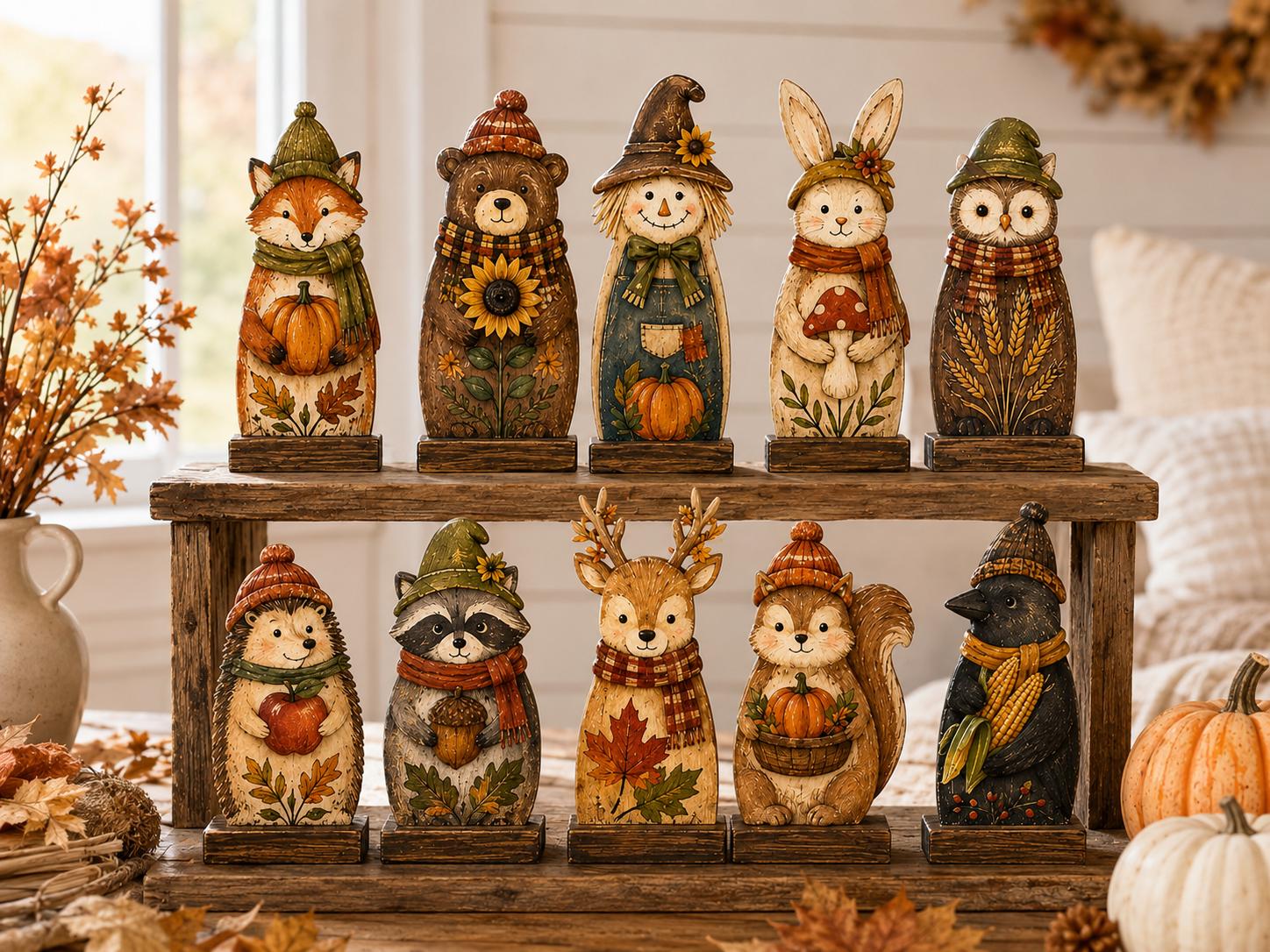 Wooden Fall Block with Autumn Farmhouse Shelf Decor, Woodland Harvest Decorations, and Thanksgiving Gift for Nature Lovers
