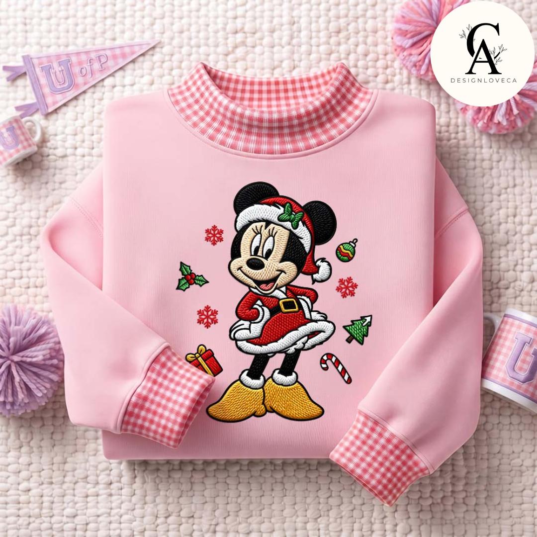 Embroidered Disney Christmas Gingham Mock Neck Sweatshirt with All Characters Mickey and Friends Santa – Holiday Xmas Crewneck Sweater