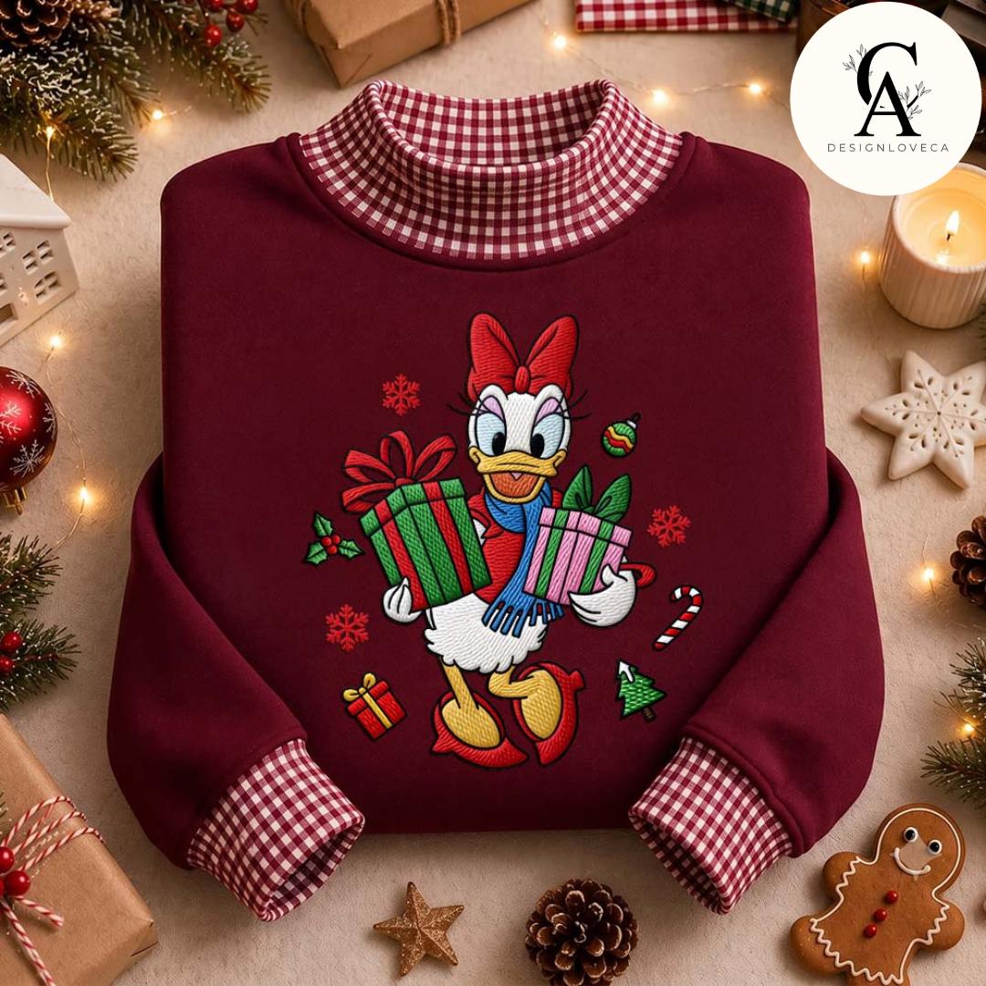 Embroidered Disney Christmas Gingham Mock Neck Sweatshirt with All Characters Mickey and Friends Santa – Holiday Xmas Crewneck Sweater - photo 2
