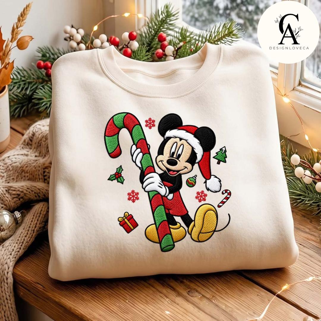 Embroidered Disney Christmas Gingham Mock Neck Sweatshirt with All Characters Mickey and Friends Santa – Holiday Xmas Crewneck Sweater - photo 3
