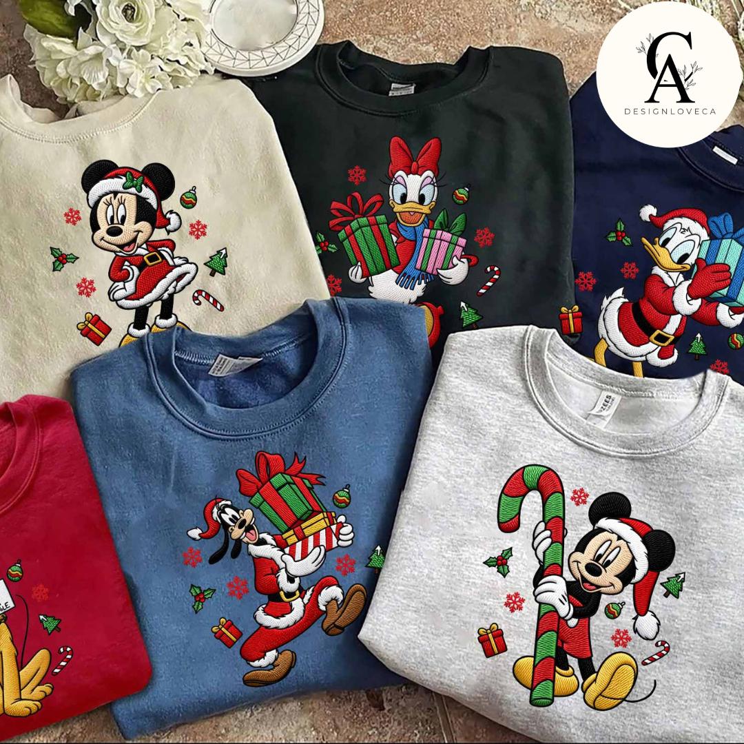 Embroidered Disney Christmas Gingham Mock Neck Sweatshirt with All Characters Mickey and Friends Santa – Holiday Xmas Crewneck Sweater - photo 4