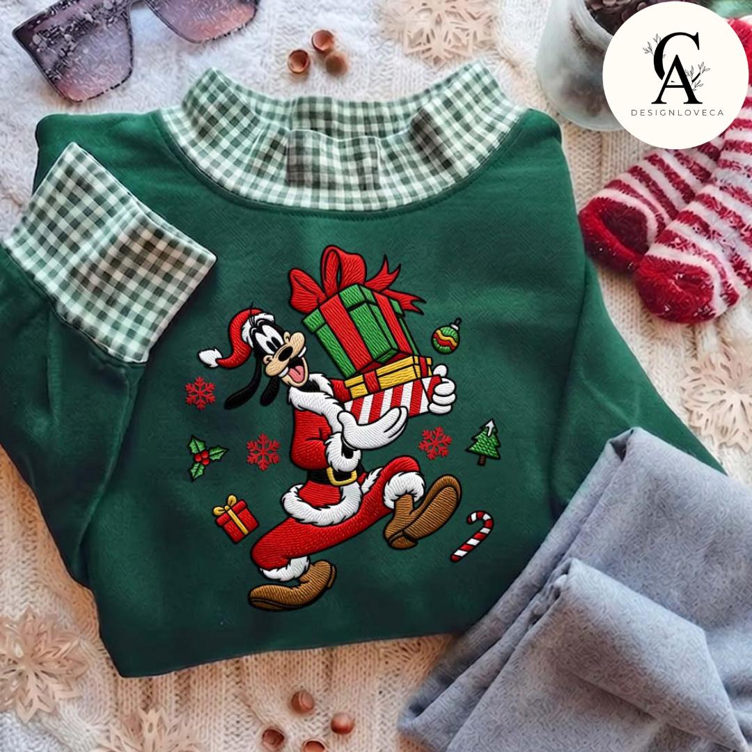 Embroidered Disney Christmas Gingham Mock Neck Sweatshirt with All Characters Mickey and Friends Santa – Holiday Xmas Crewneck Sweater - photo 5