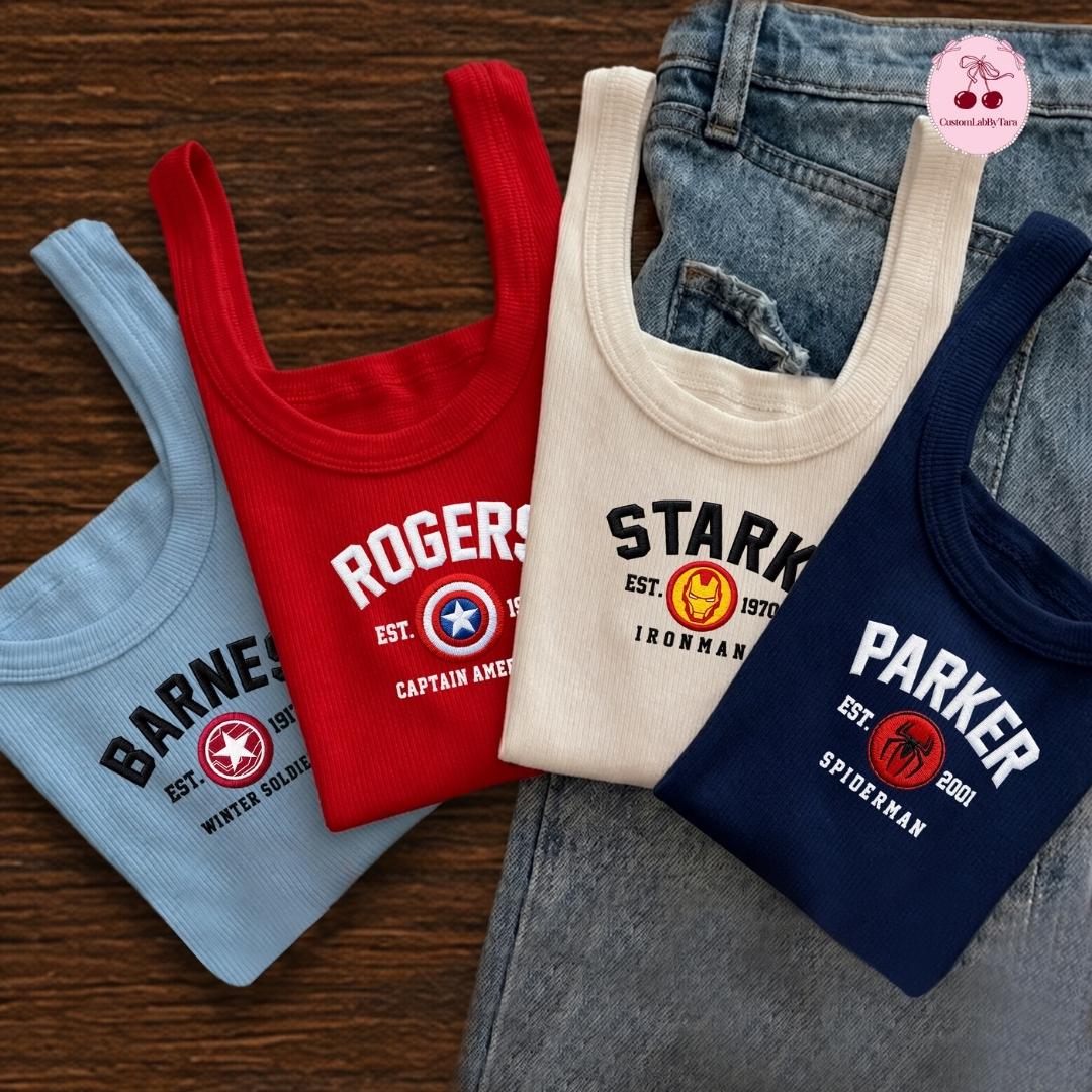 Embroidered Disney Marvel Avengers Shirt with Spiderman Iron Man and Captain America – MCU Superhero Lace Trim Tank Top Baby Tee Crop Tank