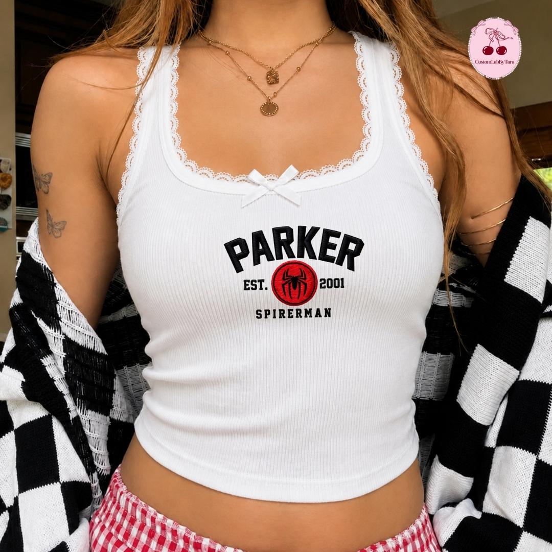 Embroidered Disney Marvel Avengers Shirt with Spiderman Iron Man and Captain America – MCU Superhero Lace Trim Tank Top Baby Tee Crop Tank - photo 2