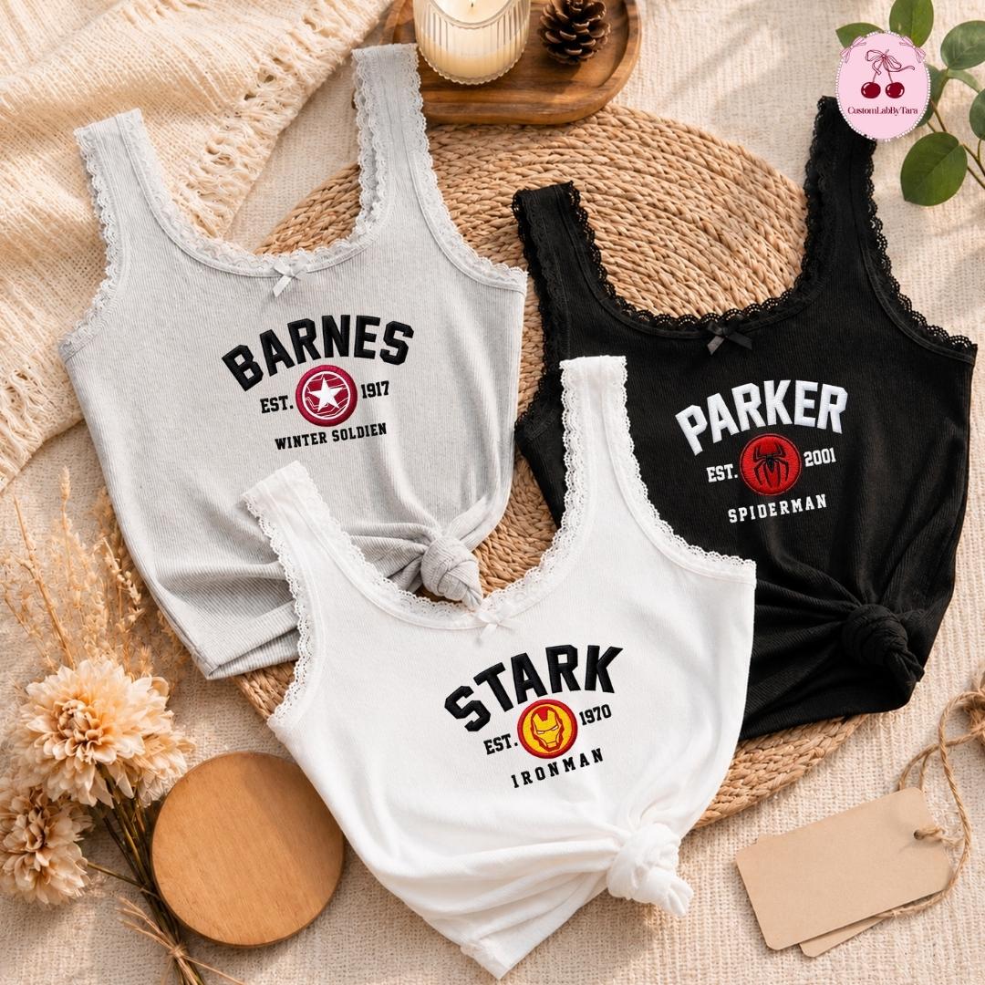 Embroidered Disney Marvel Avengers Shirt with Spiderman Iron Man and Captain America – MCU Superhero Lace Trim Tank Top Baby Tee Crop Tank - photo 4