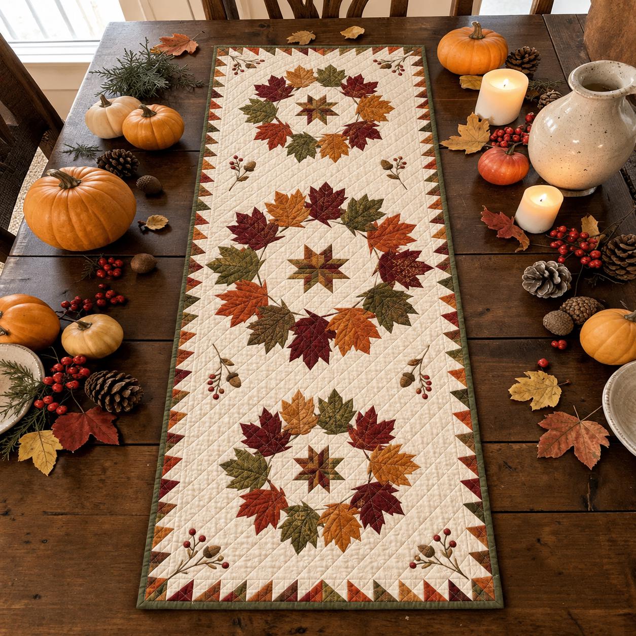 Fall Leaves Table Runner with Quilt Style Maple Runner, Harvest Dining Table Decor, and Thanksgiving Farmhouse Centerpiece