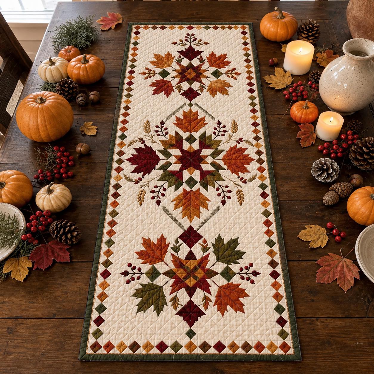 Fall Leaves Table Runner with Quilt Style Maple Runner, Harvest Dining Table Decor, and Thanksgiving Farmhouse Centerpiece - photo 2