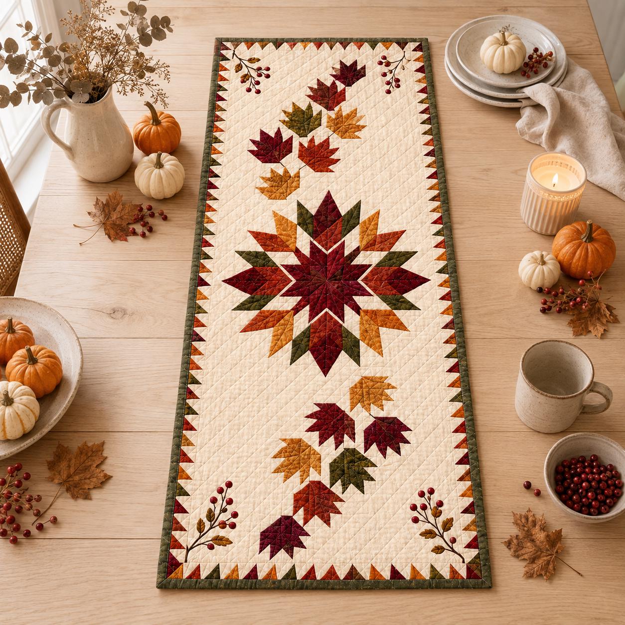 Fall Leaves Table Runner with Quilt Style Maple Runner, Harvest Dining Table Decor, and Thanksgiving Farmhouse Centerpiece - photo 3