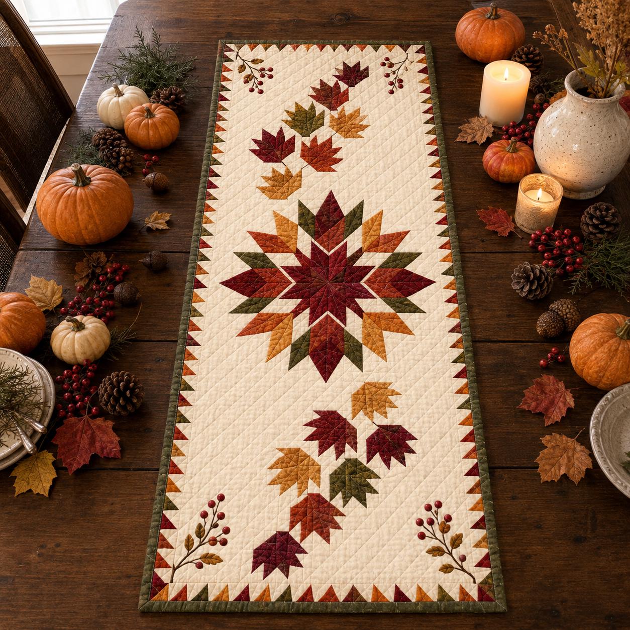 Fall Leaves Table Runner with Quilt Style Maple Runner, Harvest Dining Table Decor, and Thanksgiving Farmhouse Centerpiece - photo 6