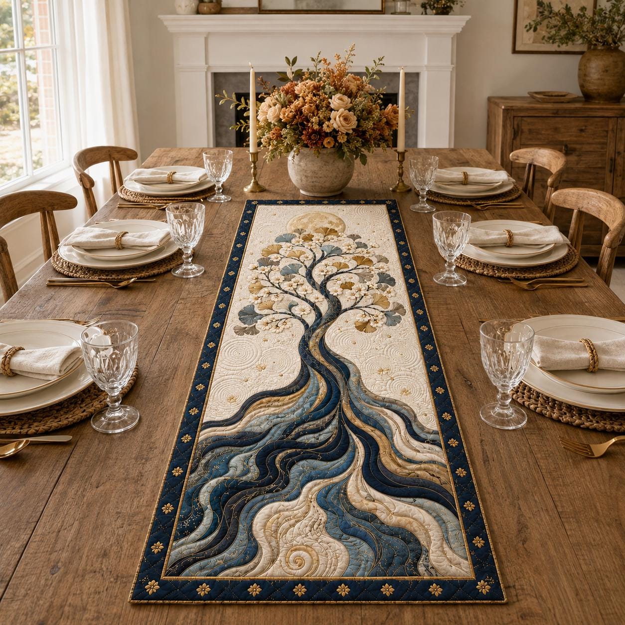 Elegant Floral Tree Botanical Table Runner – Quilt Style Cottage Farmhouse Centerpiece for Dining Table Decor