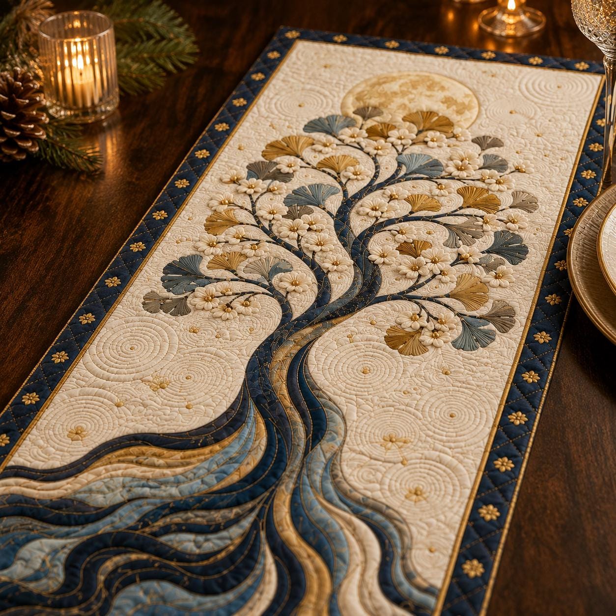 Elegant Floral Tree Botanical Table Runner – Quilt Style Cottage Farmhouse Centerpiece for Dining Table Decor - photo 3